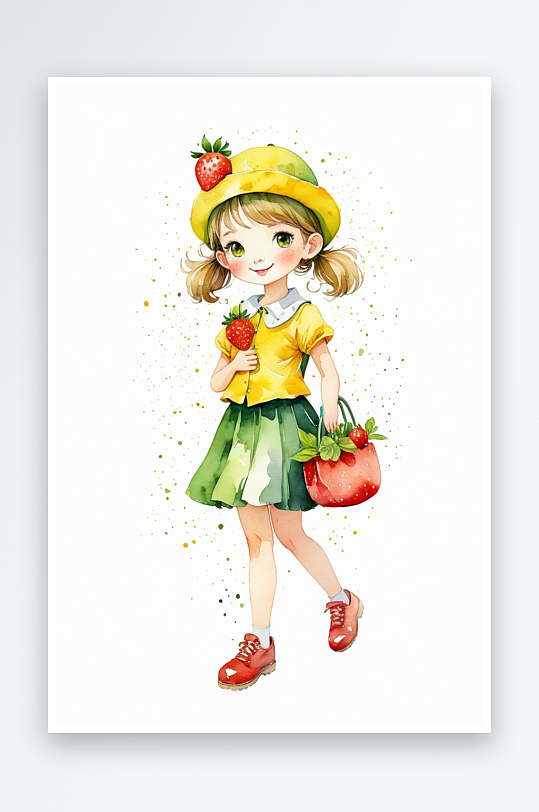 戴黄色卡通帽背草莓包包的绿裙子女孩水彩人
