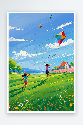 春天在草地上放风筝的女孩插画