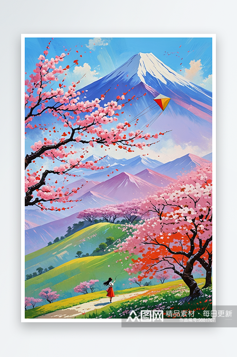 春天樱花树山下放风筝的女孩素材