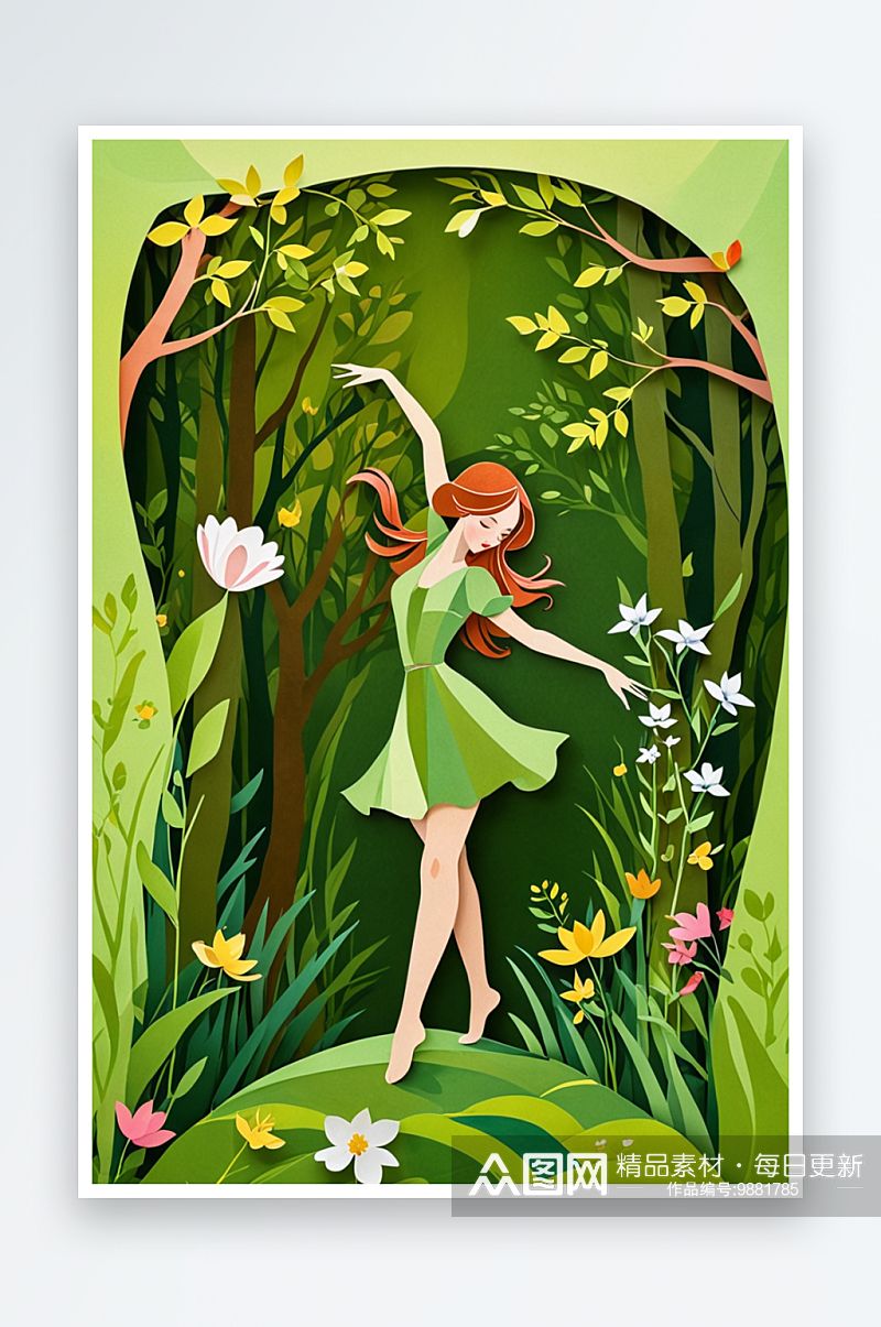 春天女孩在森林跳舞剪纸风格插画素材