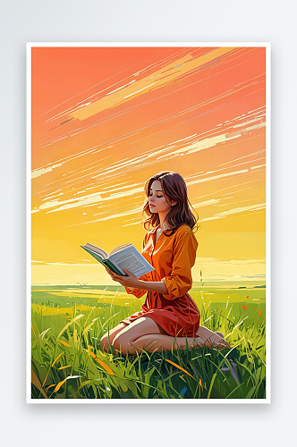春天草地上读书的女孩插画竖版