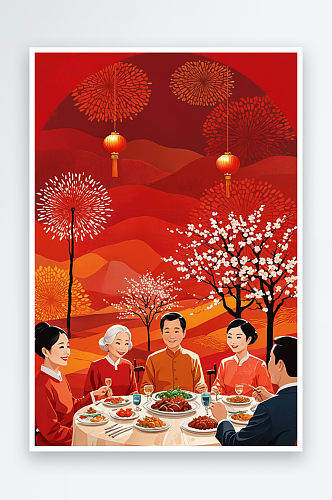 春节吃年夜饭的一家人新年合家欢吃团圆饭红