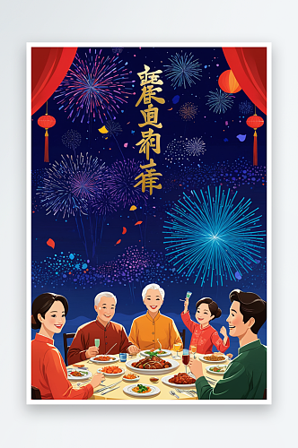 春节吃年夜饭的一家人新年合家欢吃团圆饭插