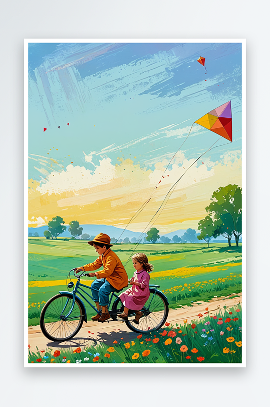 春分小男孩带着小女孩骑着自行车放风筝