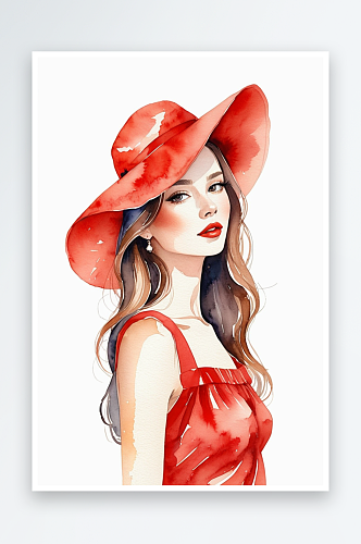 穿红色衣服戴着红色帽子的时尚女手绘水彩插