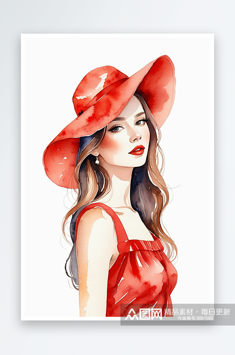 穿红色衣服戴着红色帽子的时尚女手绘水彩插素材