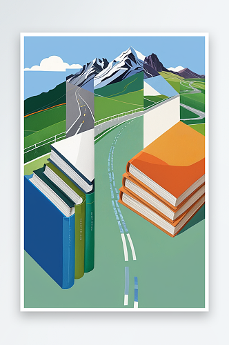 抽象书籍和路和山和学府的组合插画