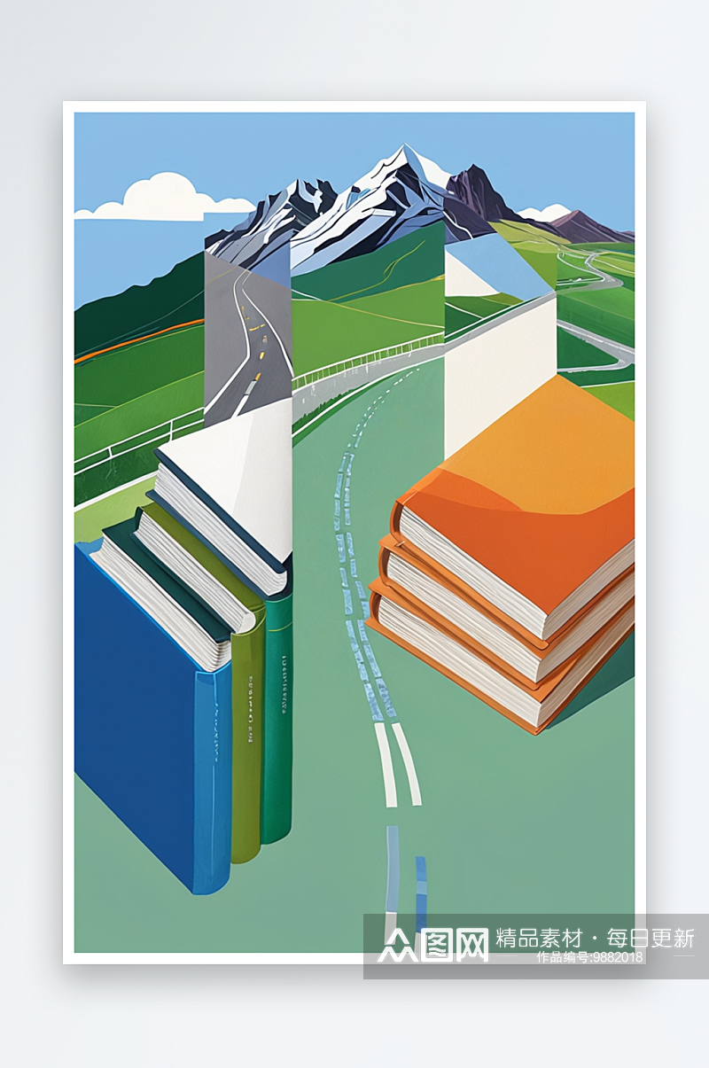 抽象书籍和路和山和学府的组合插画素材