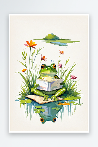 池塘边读书的青蛙儿童插画