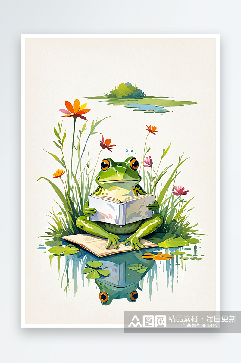 池塘边读书的青蛙儿童插画素材