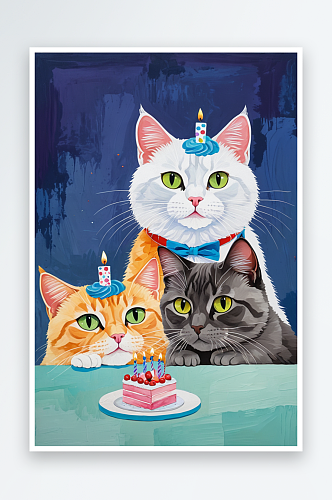 吃生日蛋糕的三只猫咪