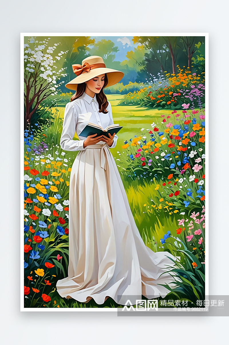 沉思的女士戴着帽子拿着书在盛开的花园里素材