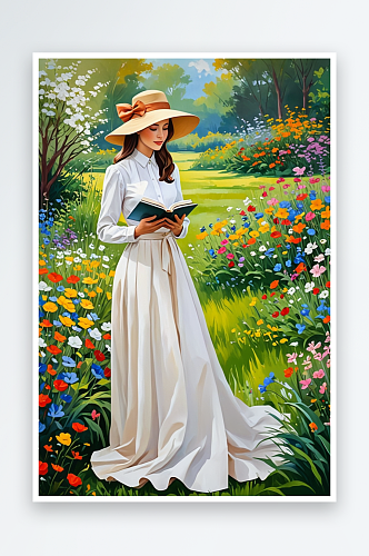 沉思的女士戴着帽子拿着书在盛开的花园里