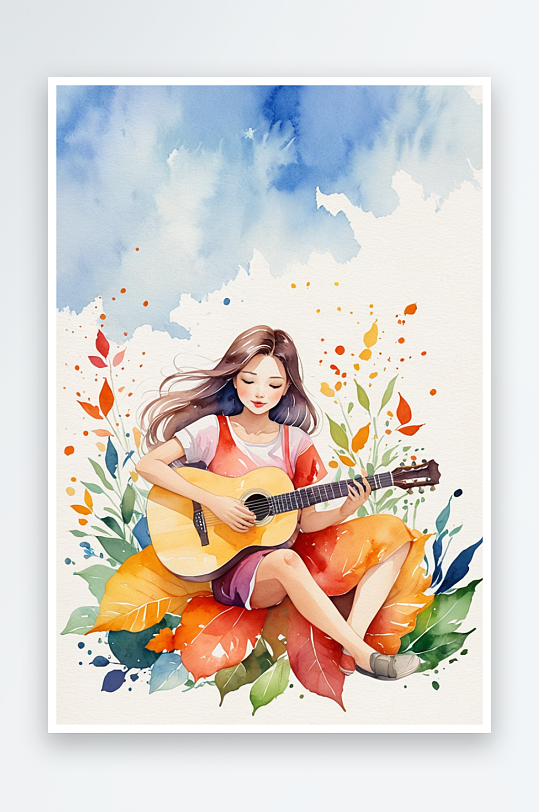 超清新唯水彩人物插画坐在树叶上弹吉他的女