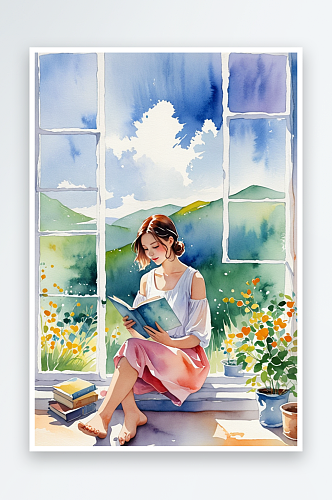 超清新唯水彩人物插画在窗户前读书的女孩