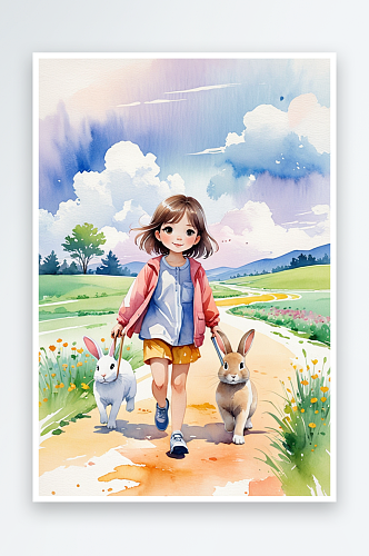 超清新唯水彩人物插画女孩和兔子去散步