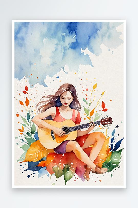超爱的绝水彩插画坐在树叶上弹吉他的女孩