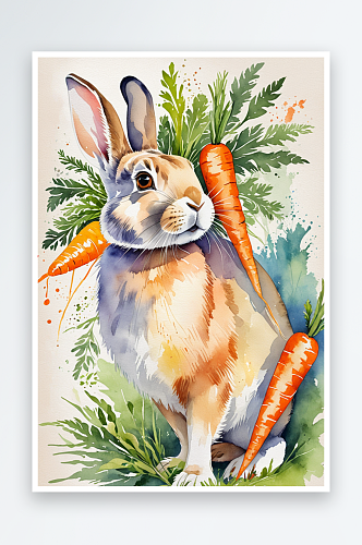插图一只兔子与胡萝卜在水彩和图形