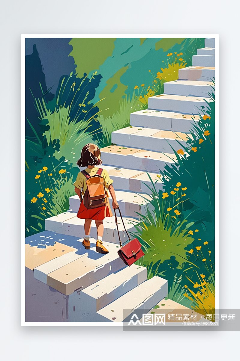 扁平儿童插画人物风格在台阶上走路的背着挎素材