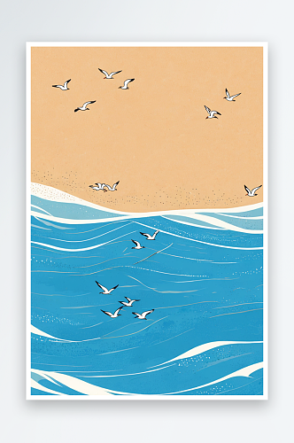 夏天沙滩上海浪拍打着细沙海鸥在飞
