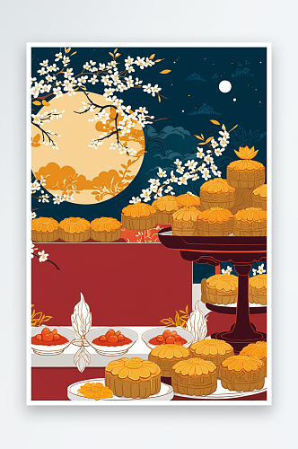 中秋节夜晚桂花树下的月饼和大闸蟹