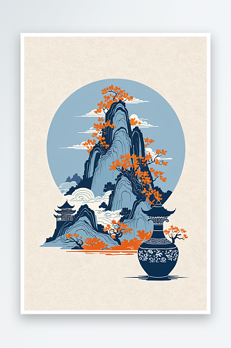 中风景泰蓝大花瓶坐落在山群中凤凰围绕