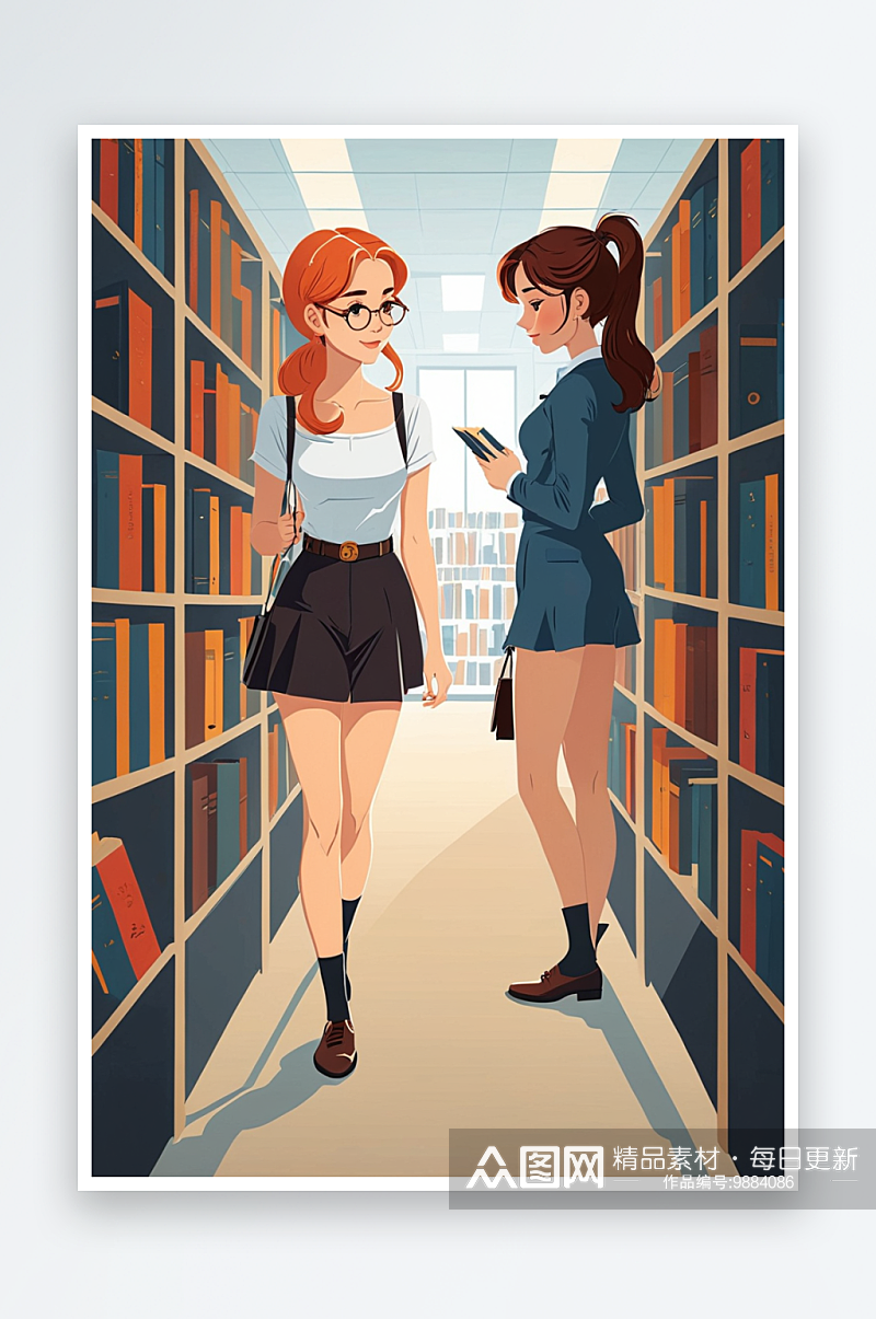 在图书馆相遇的两个女孩素材