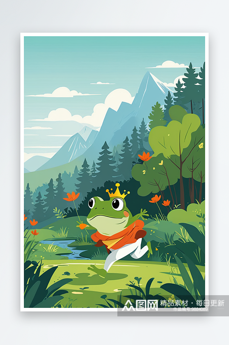在树林上奔跑的青蛙王子萌趣可爱的动物儿童素材