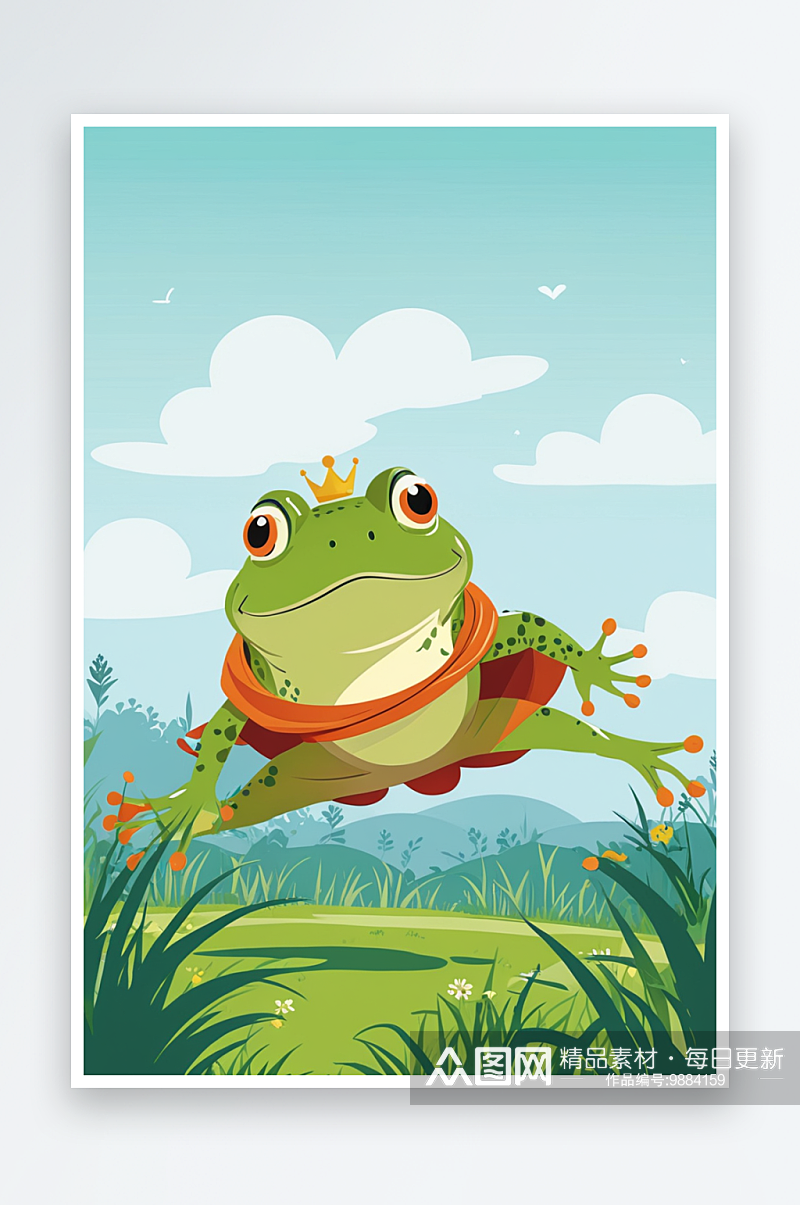 在草地上奔跑的青蛙王子萌趣可爱的动物儿童素材
