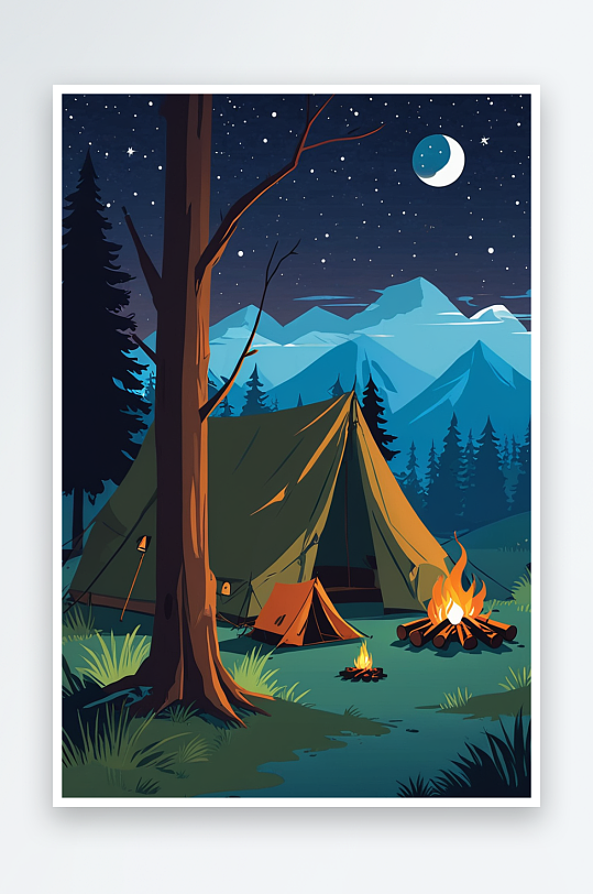 有篝火和帐篷的夜晚露营壁纸
