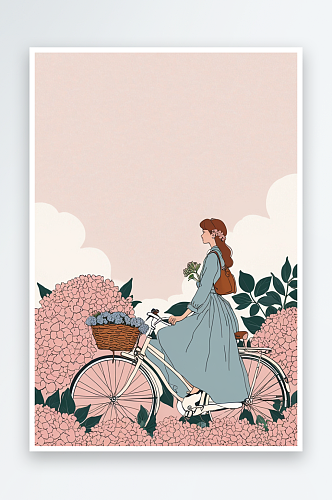 绣球花与骑自行车的女孩手绘