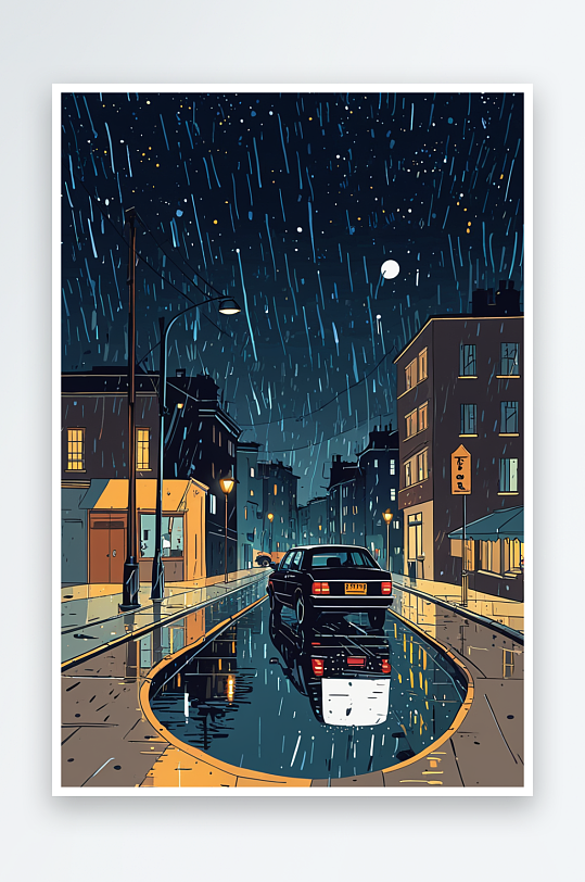 下雨夜插画元素图片