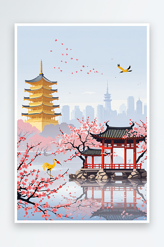武汉市的黄鹤楼周围樱花正盛开背景