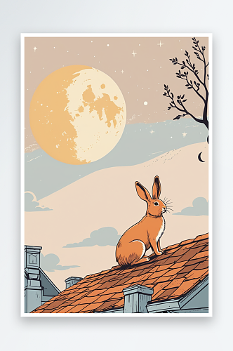 屋顶上的兔子仰望月亮