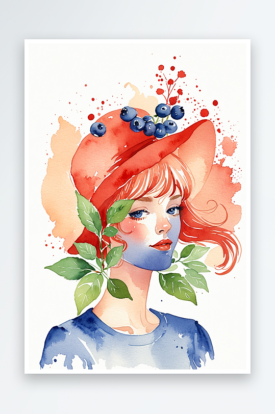 唯水彩系列蓝莓红帽子女孩