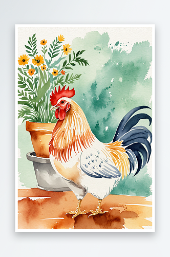 唯水彩手绘抱着花盆的公鸡