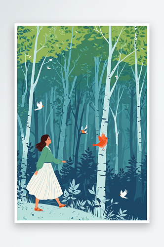 唯可爱的人物森林里的女孩和三只鸟