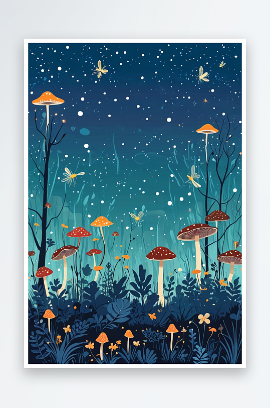 唯背景元素组图共多幅蘑菇和萤火虫