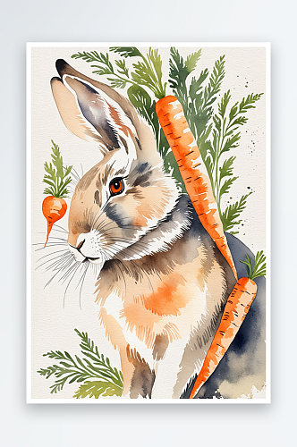 图一只兔子与胡萝卜在水彩和图形