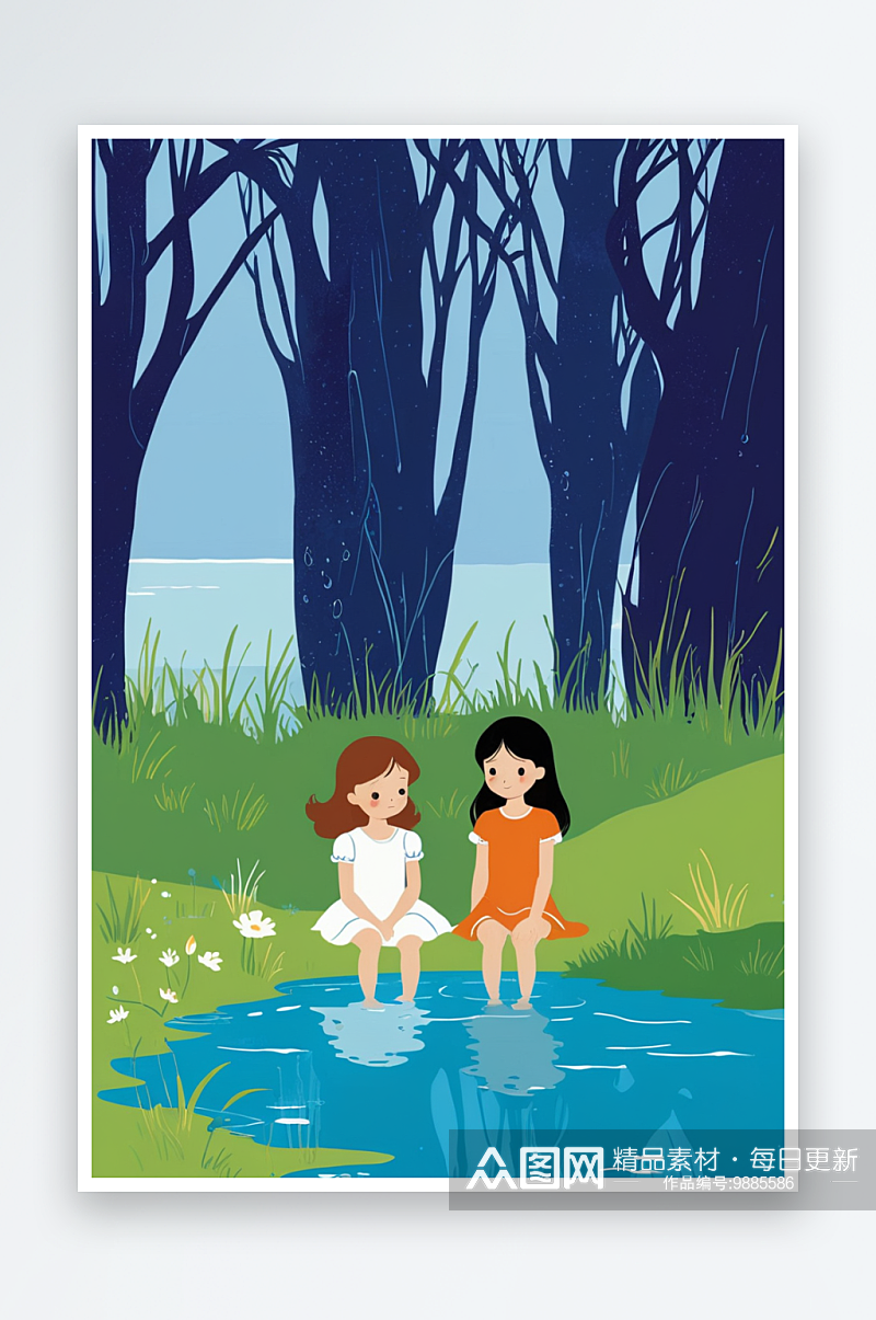 童年梦幻系列组图幅水边的两个女孩素材