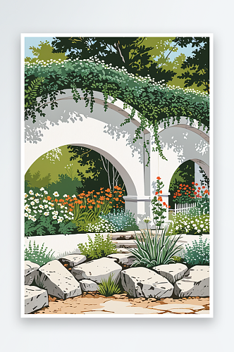 苏式园林院子中的白墙拱门假山植物手绘