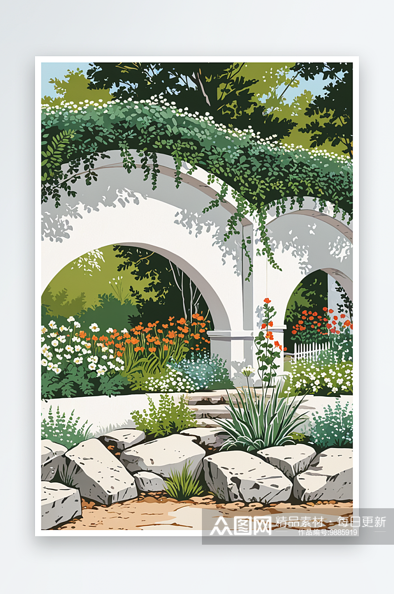苏式园林院子中的白墙拱门假山植物手绘素材