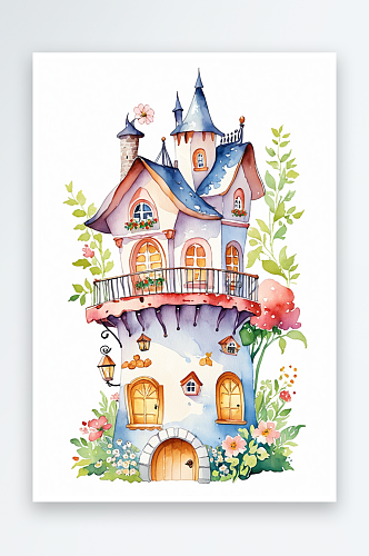 水彩童趣可爱的蛋糕花朵童话小房屋