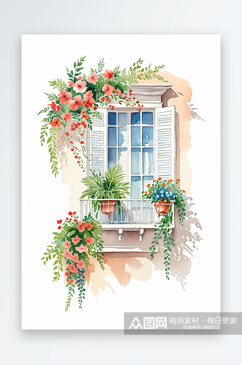 水彩手绘装饰建筑鲜花植被阳台沙发窗户外景素材