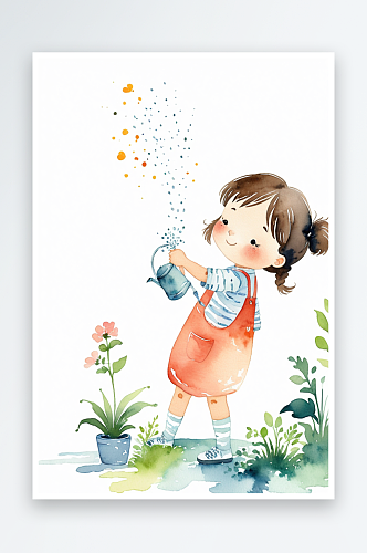 水彩手绘儿童浇花的小女孩