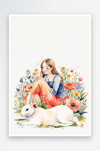 水彩人物得真坐在花丛中的女孩和白色兔子