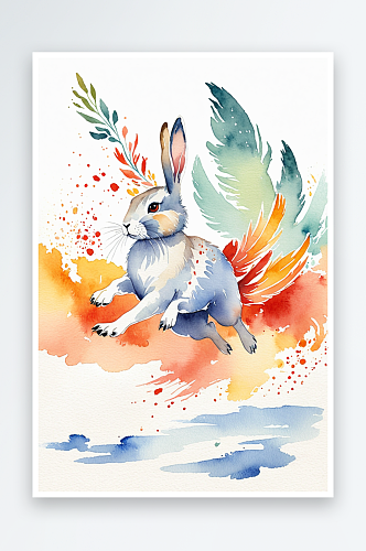 水彩儿童在纸牌上和火鸟一起奔跑的兔子