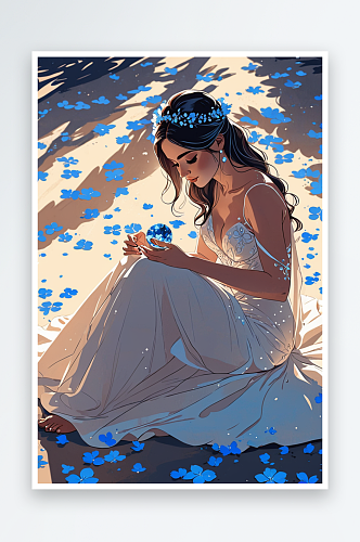 数字艺术一位女新娘坐在蓝色花瓣的地上抱着