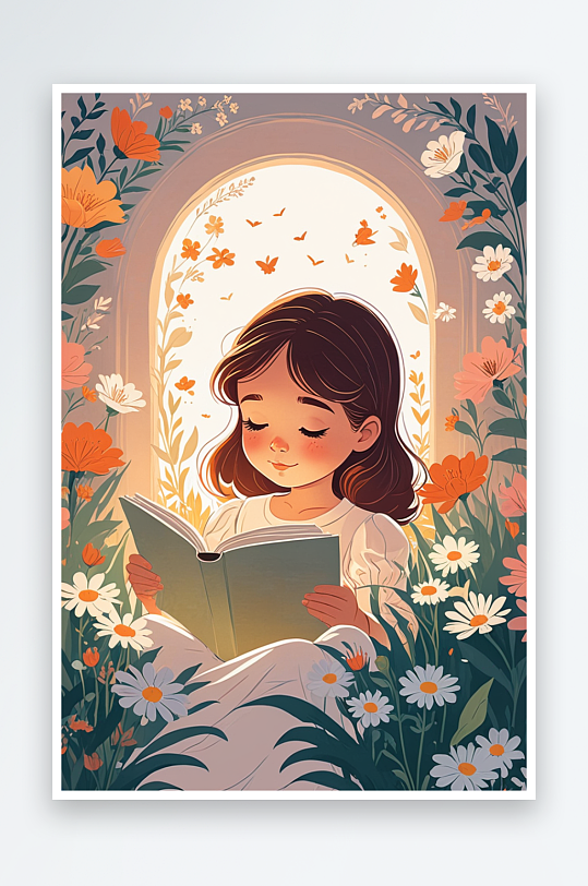 数字艺术一位可爱的小女孩子在花丛中看书绘