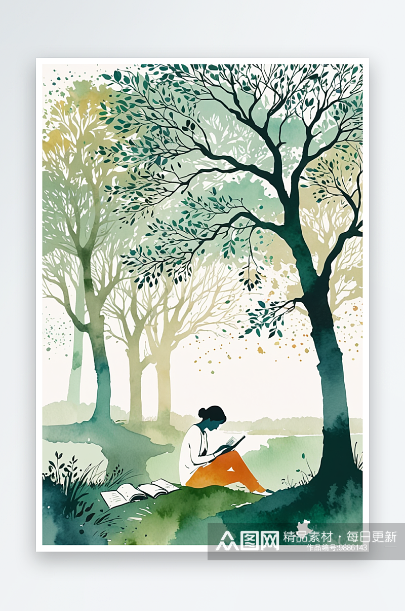 数字艺术一个人坐在树下看书水彩水墨素材